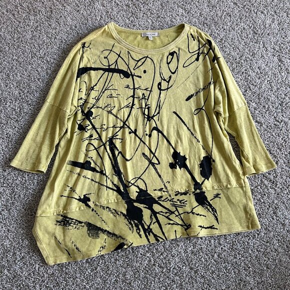 Jess & Jane Womens XL Tunic Top Yellow Abstract Print 3/4 Sleeves USA Made - Picture 2 of 10